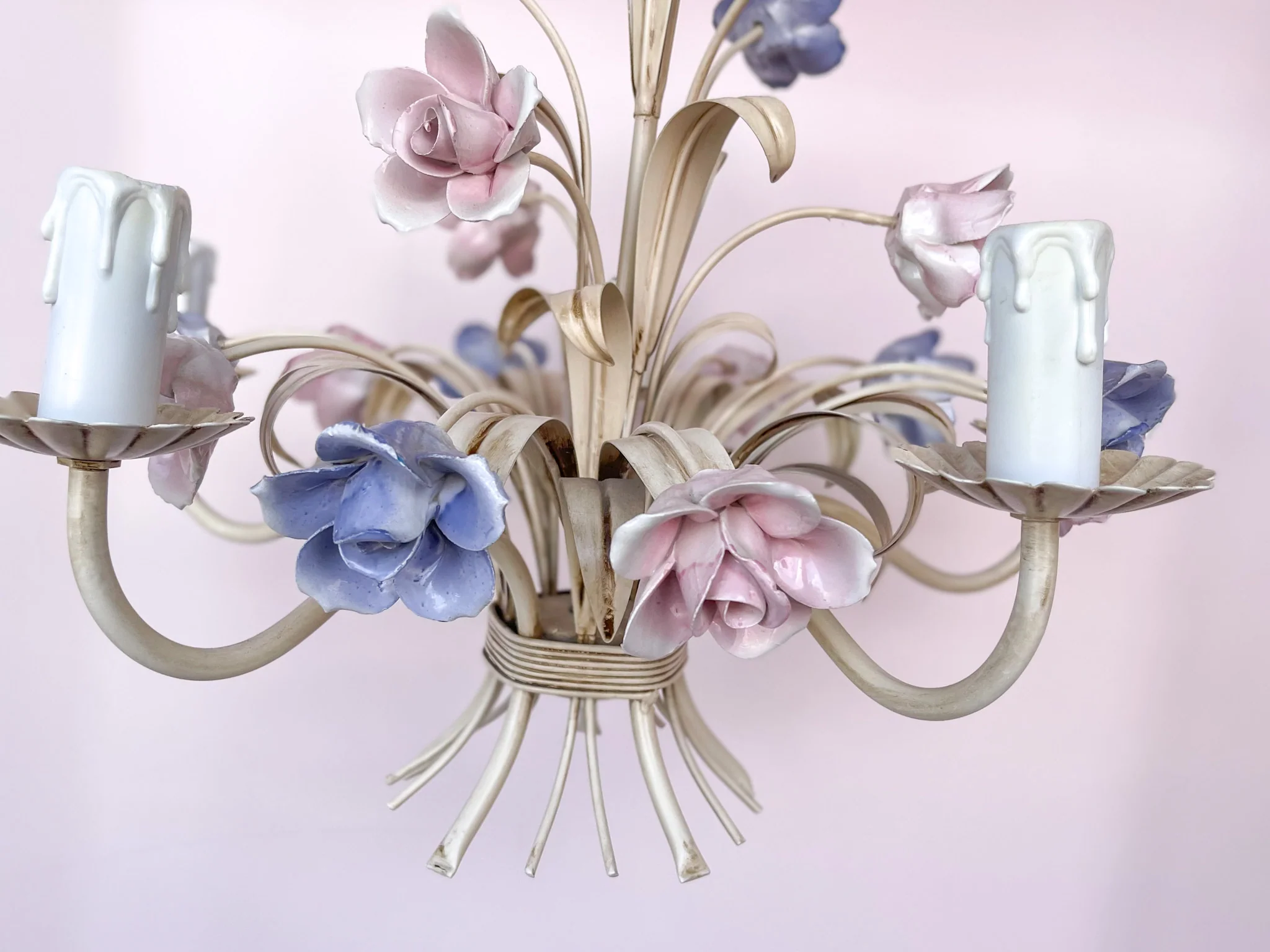 Sweet Porcelain Flower Tole Chandelier - Image 5