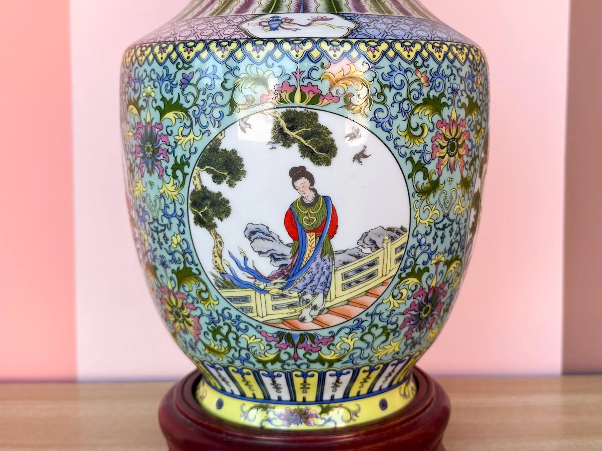 Teal and Yellow Chinoiserie Lamp - Image 6