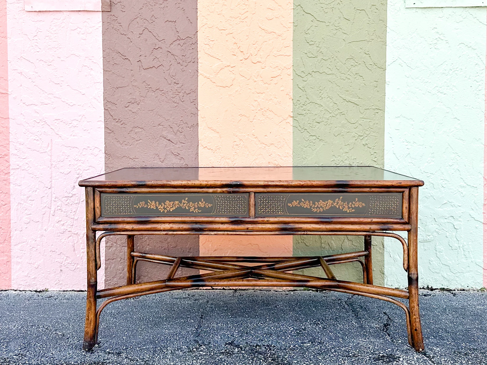 Theodore Alexander Chinoiserie Tortoiseshell Rattan Coffee Table