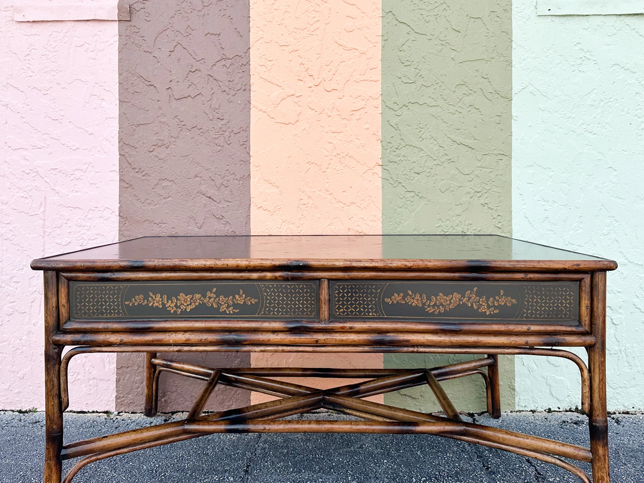 Theodore Alexander Chinoiserie Tortoiseshell Rattan Coffee Table - Image 10
