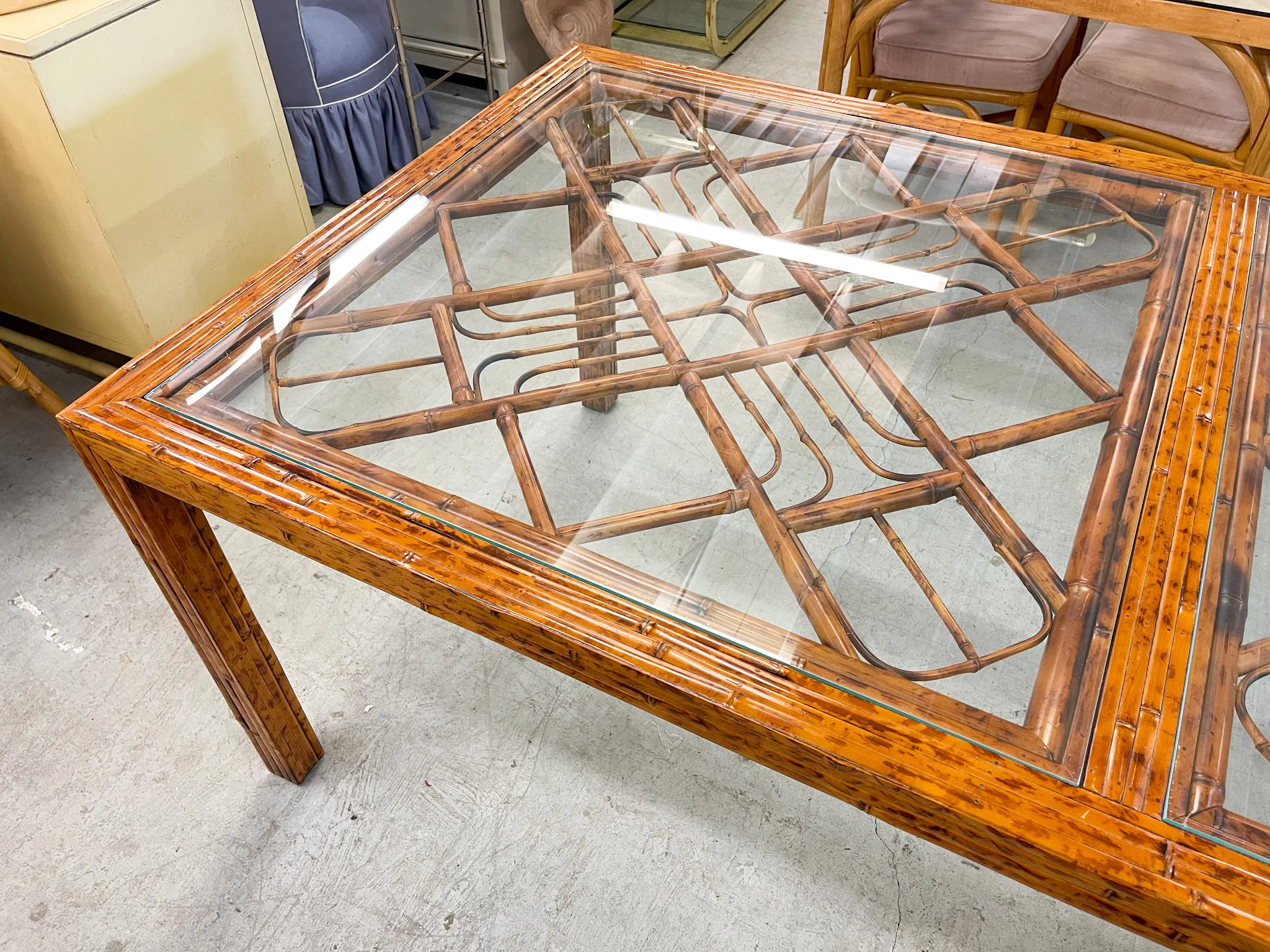 Tortoiseshell Fretwork Bamboo Dining Table - Image 2