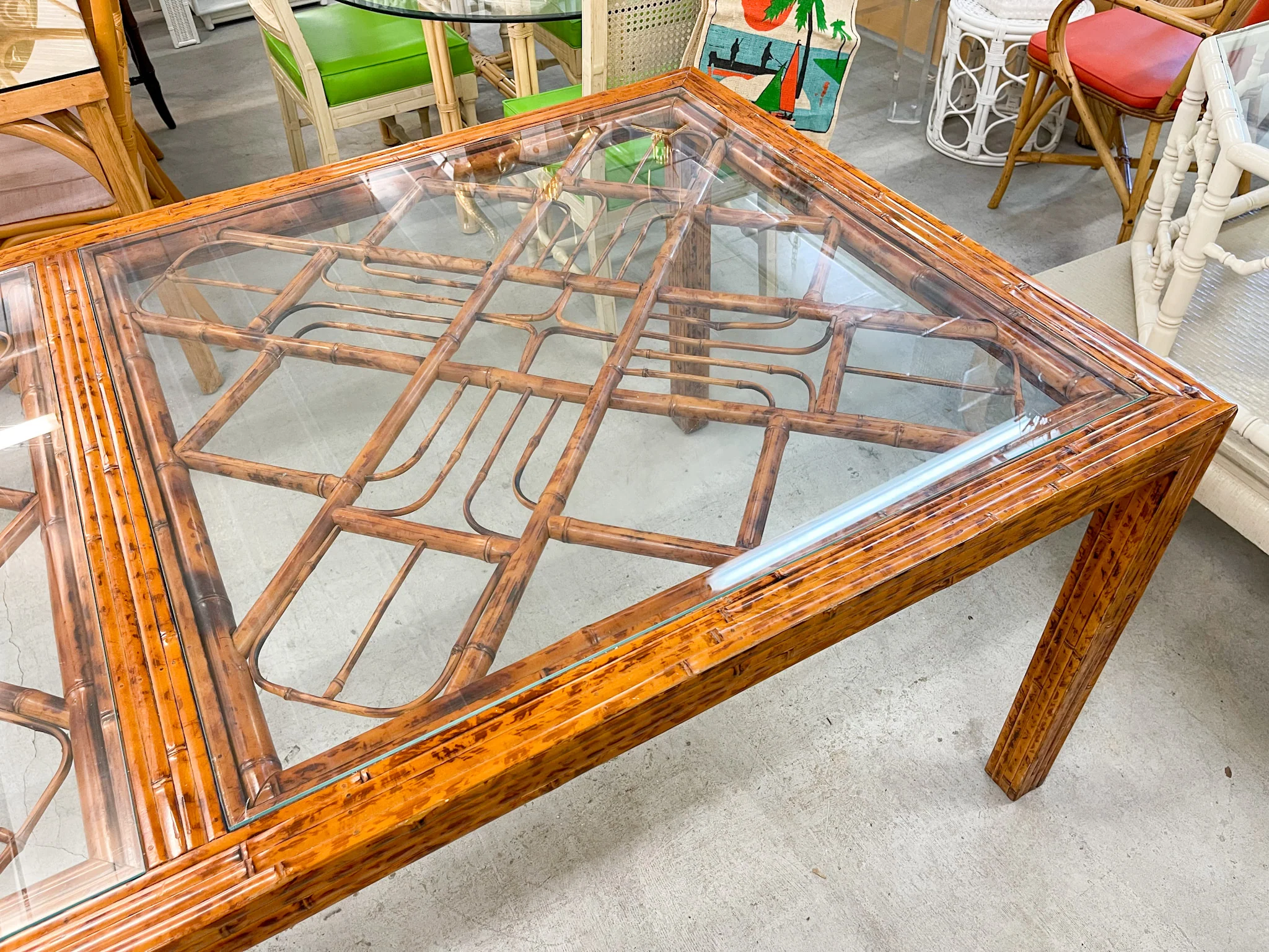 Tortoiseshell Fretwork Bamboo Dining Table - Image 3