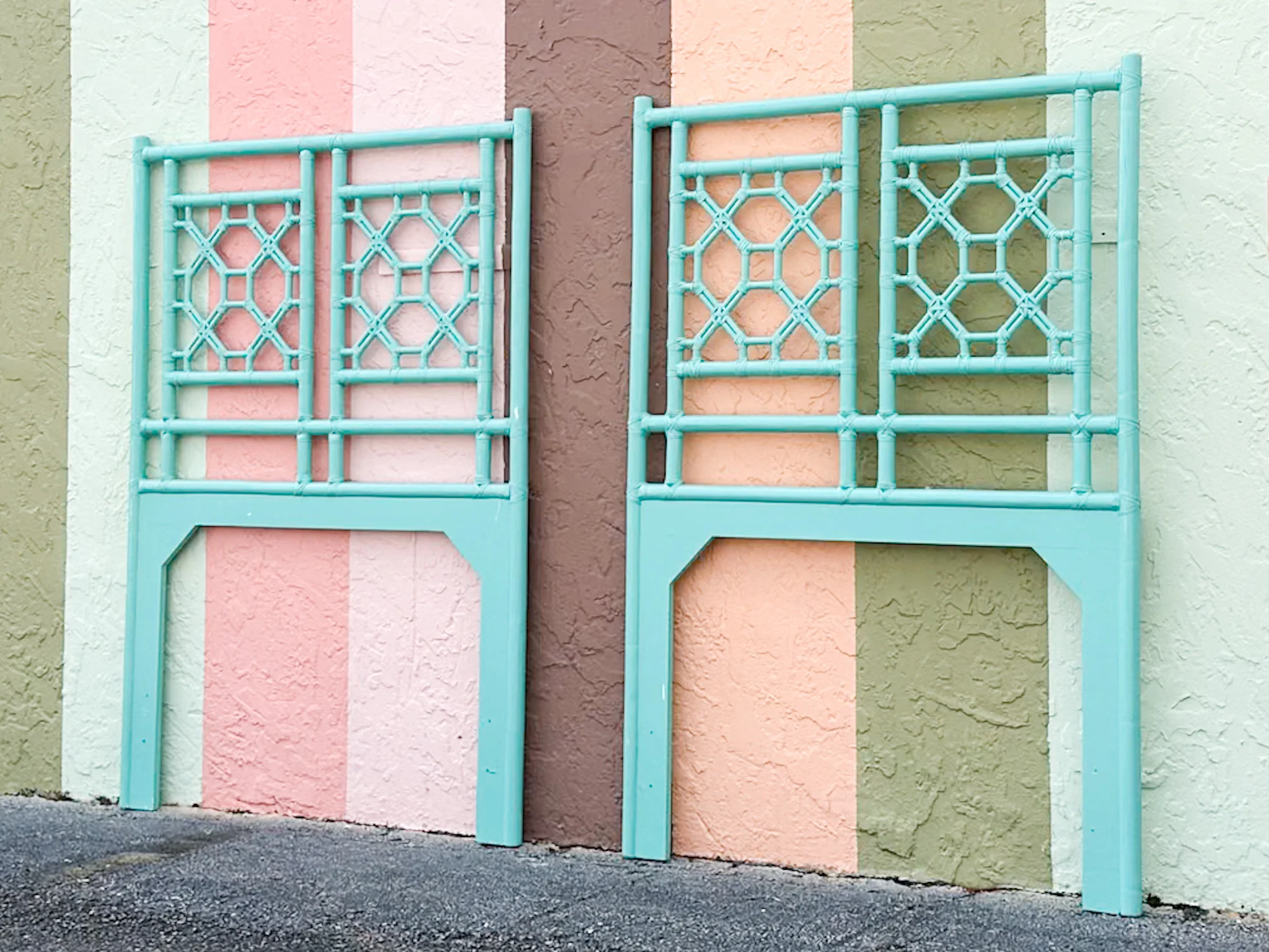 Turquoise Fretwork Rattan Twin Headboards - Image 2
