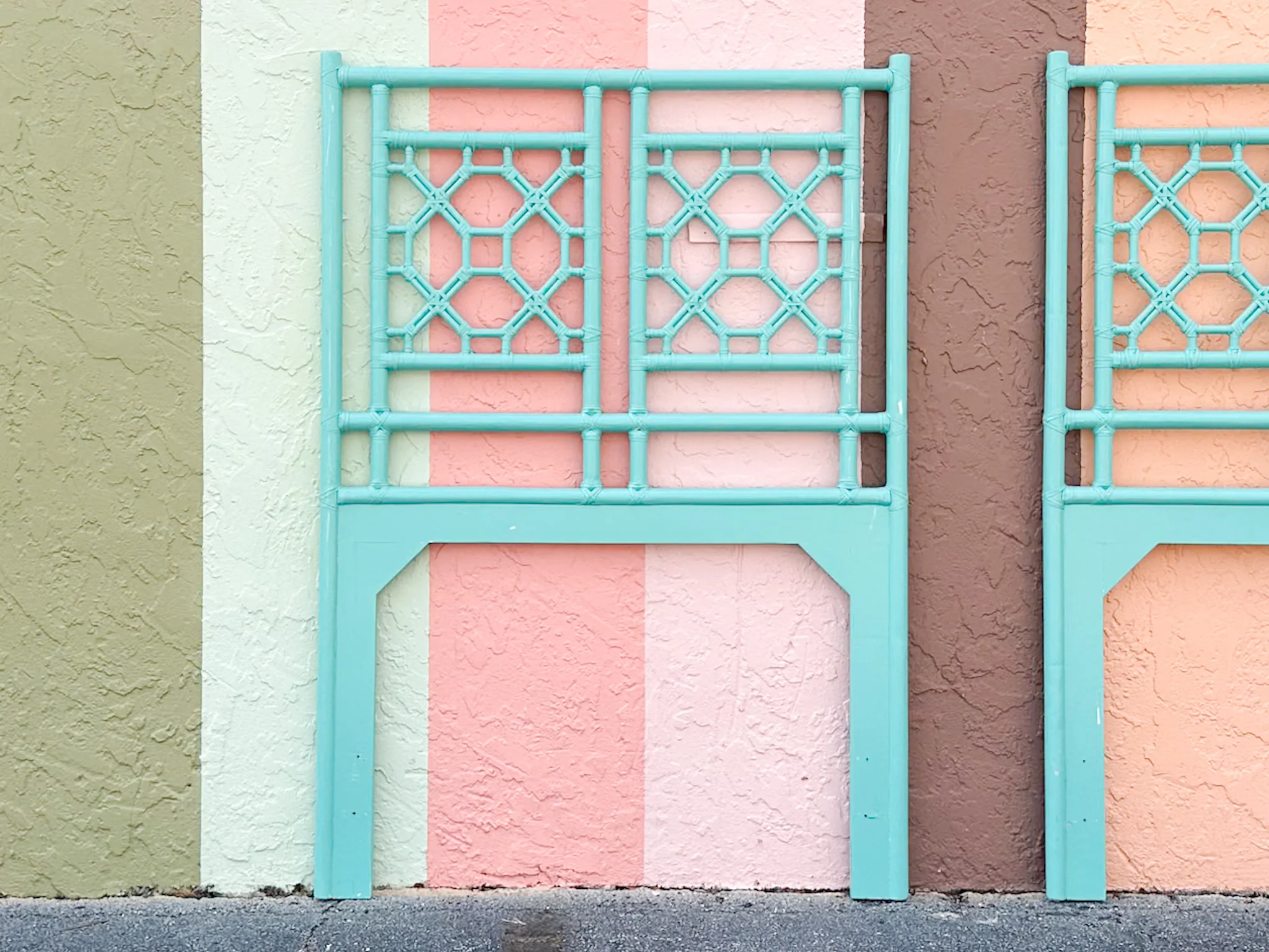 Turquoise Fretwork Rattan Twin Headboards - Image 3