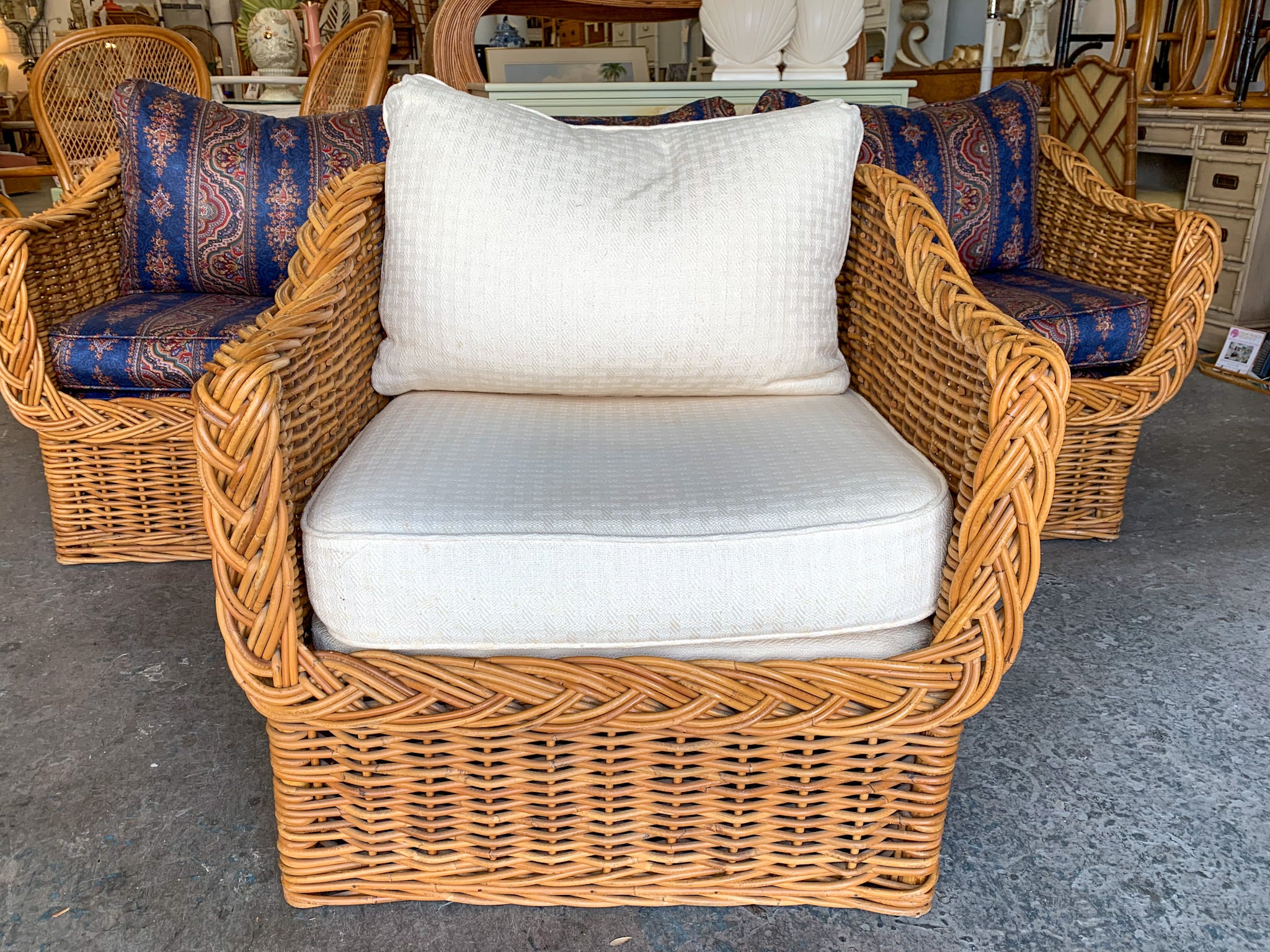 Wicker Works Rattan Lounge Chair and Ottoman