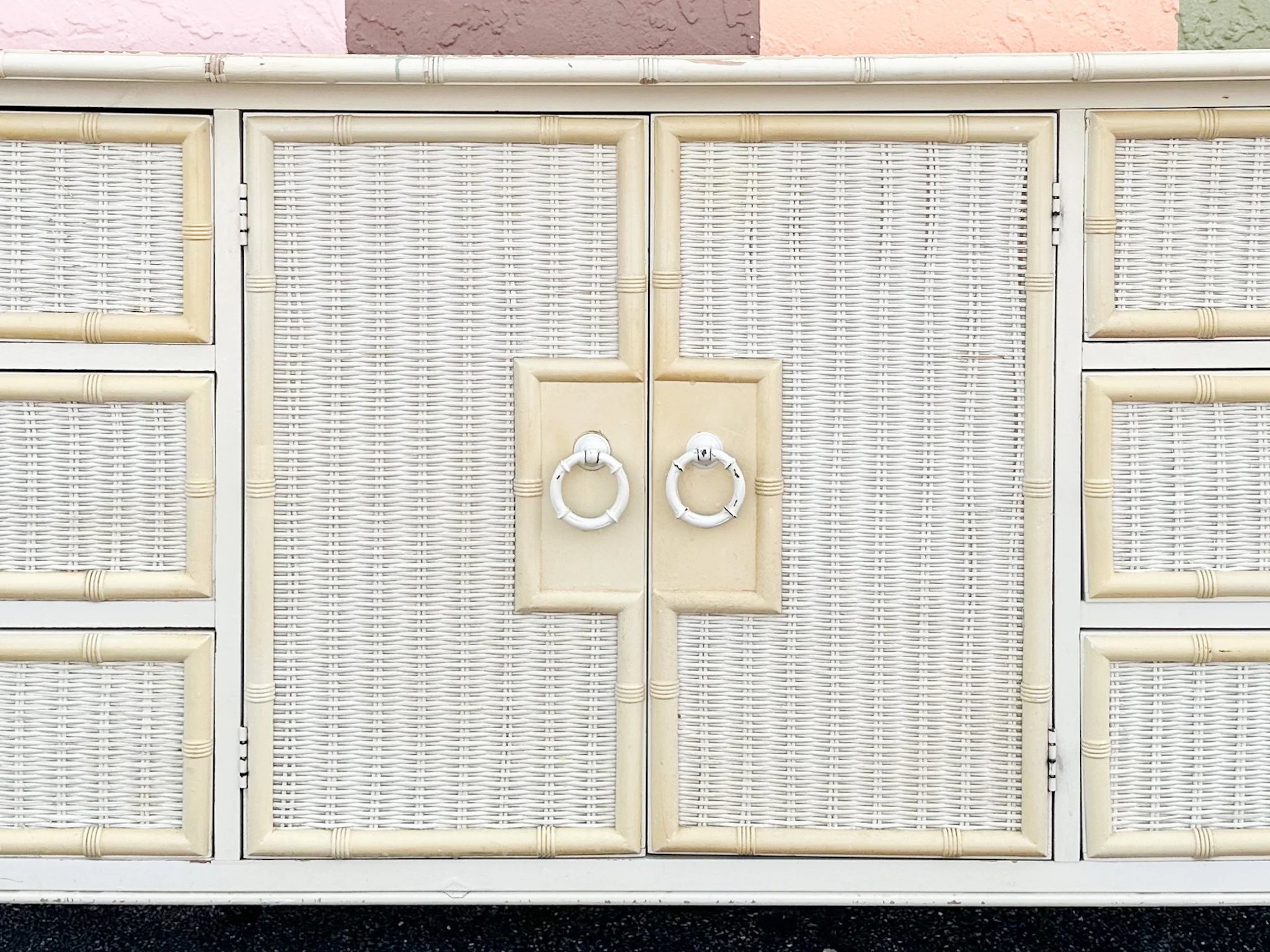 Yellow and White Faux Bamboo and Rattan Dresser - Image 10