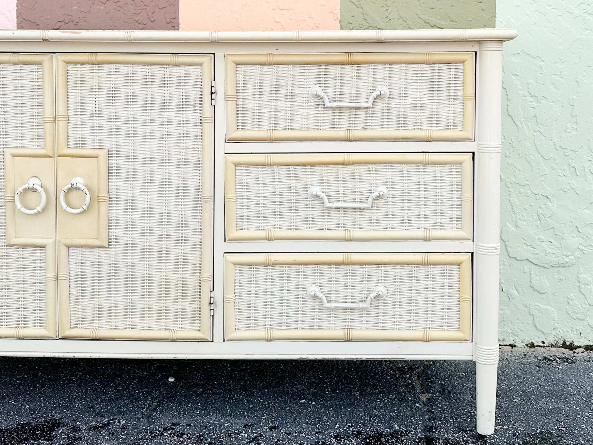 Yellow and White Faux Bamboo and Rattan Dresser - Image 11