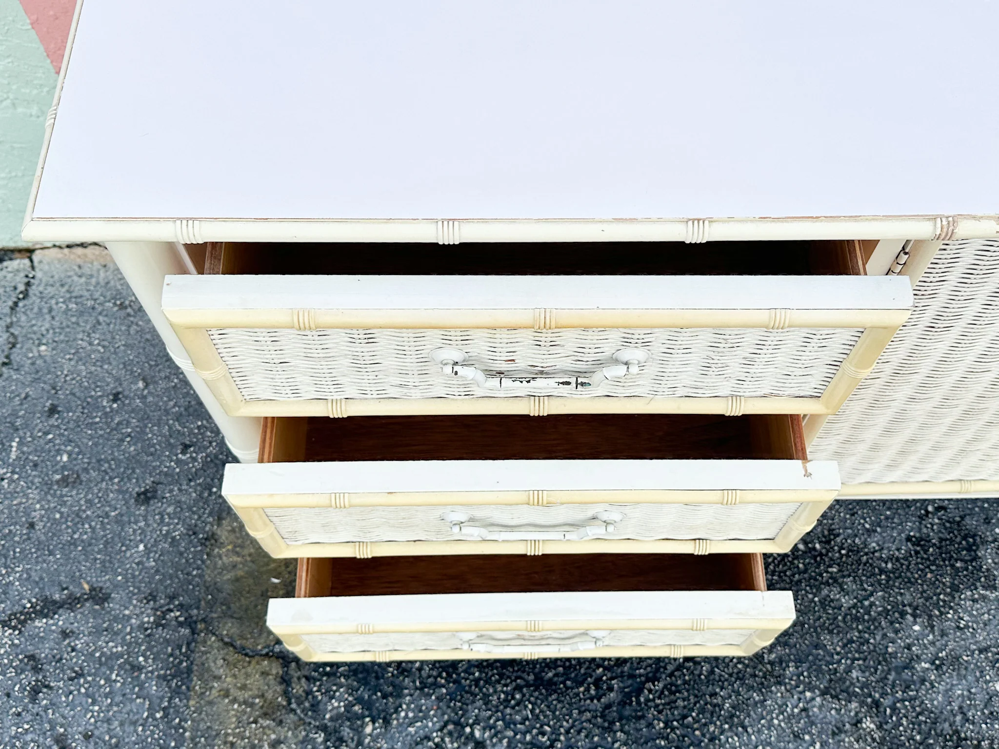 Yellow and White Faux Bamboo and Rattan Dresser - Image 13