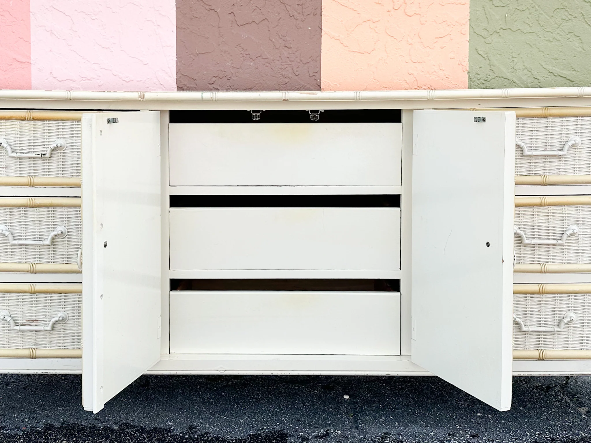 Yellow and White Faux Bamboo and Rattan Dresser - Image 16