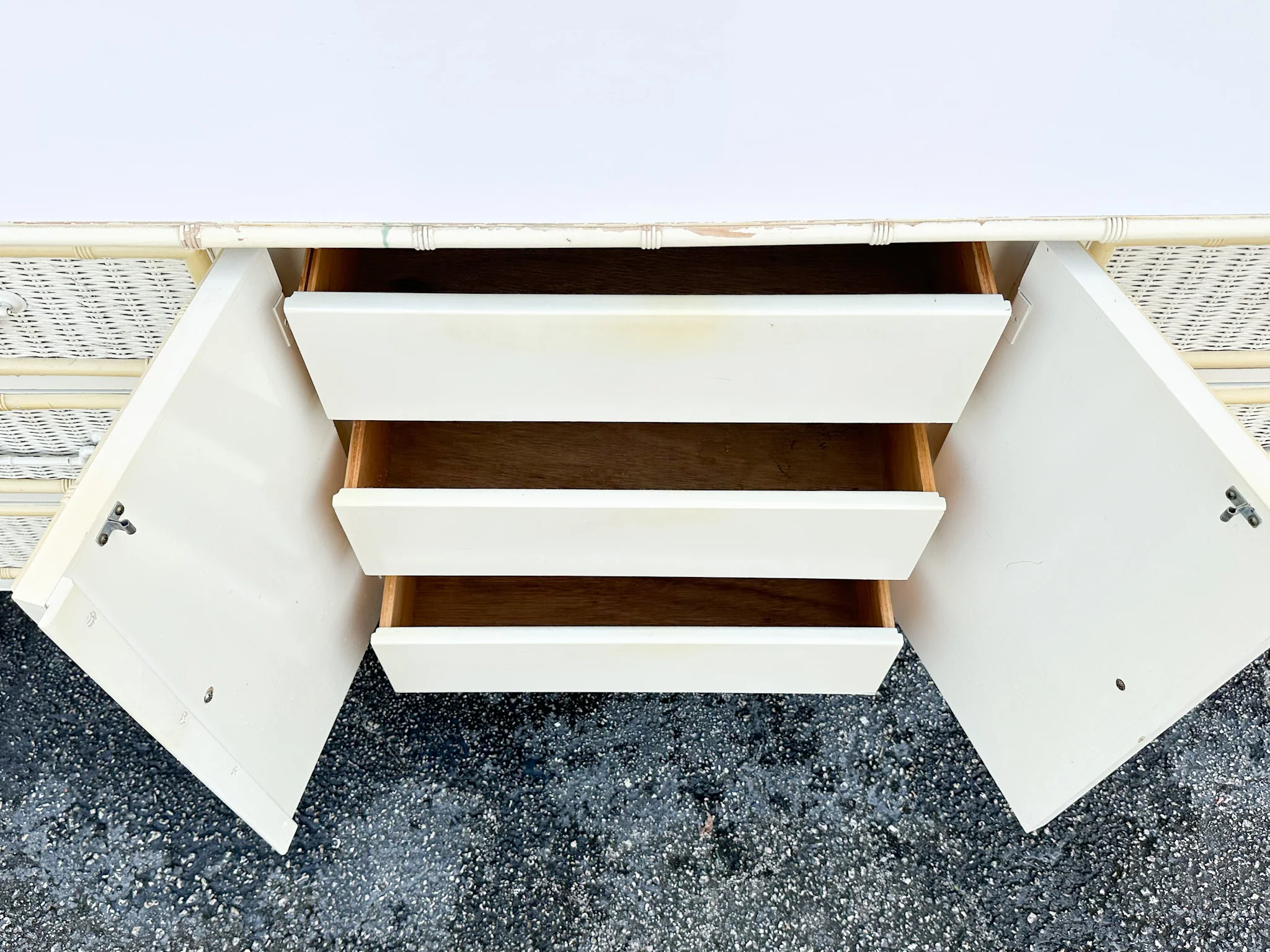 Yellow and White Faux Bamboo and Rattan Dresser - Image 17