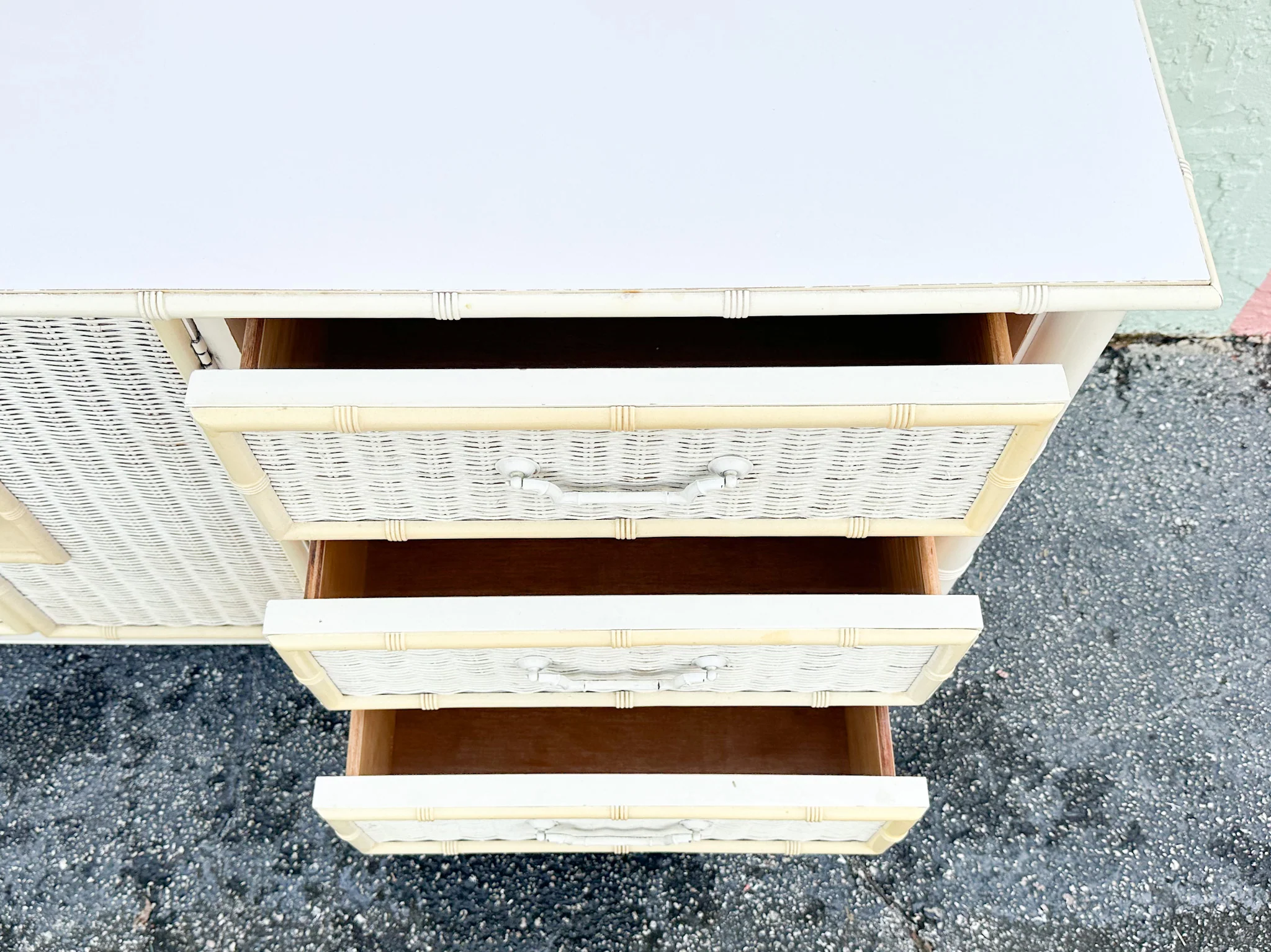 Yellow and White Faux Bamboo and Rattan Dresser - Image 18