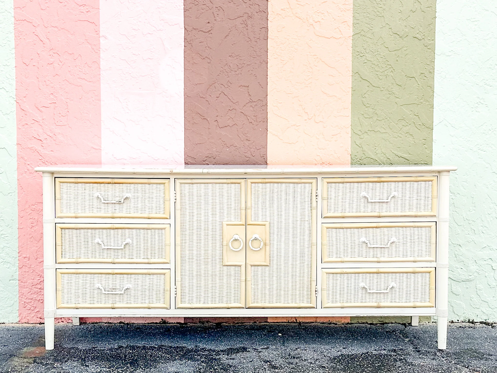 Yellow and White Faux Bamboo and Rattan Dresser - Image 19