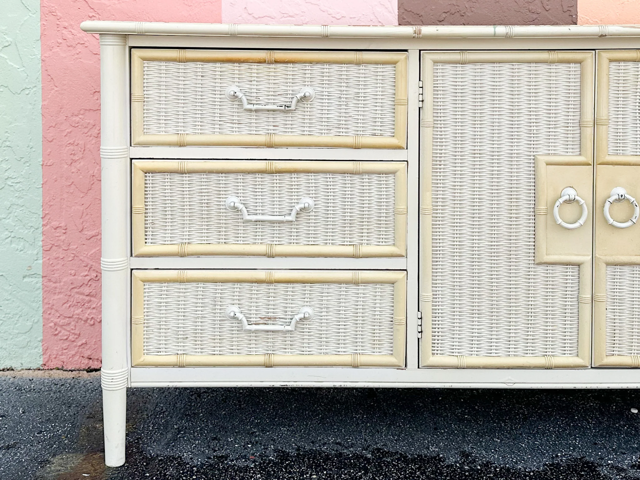 Yellow and White Faux Bamboo and Rattan Dresser - Image 9
